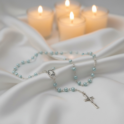Rosary with light blue pearl beads on a white fabric background with lit candles.