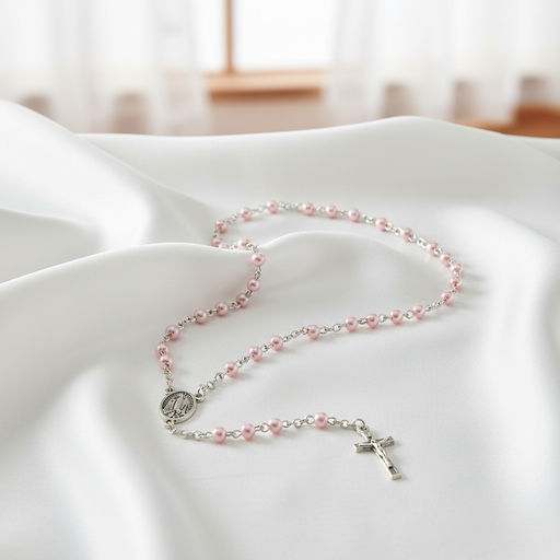 Pink pearl rosary  with a cross on a white cloth surface