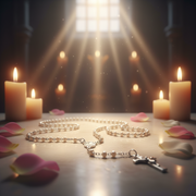 Rosary with a cross on a table with candles and rose petals, illuminated by a bright light source.