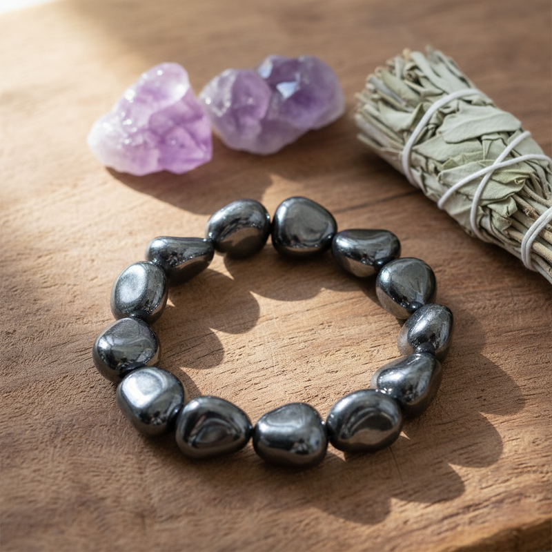 Black stone bracelet on a wooden surface with purple crystals and sage.