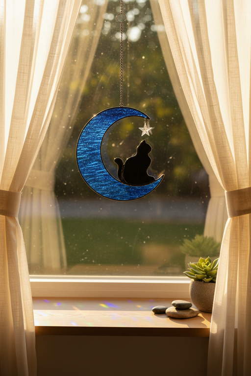 Decorative moon and star window hanging with a silhouette of a cat, draped over a window with light curtains.