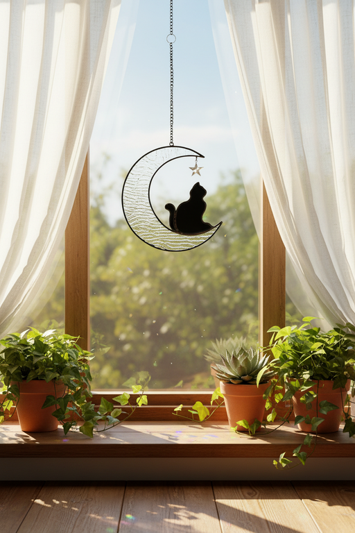 Decorative hanging moon with a cat silhouette in front of a window with white curtains and potted plants.