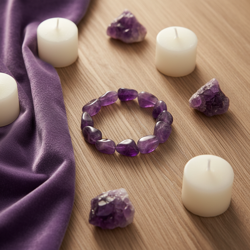 Purple beaded bracelet on a wooden surface with candles and amethyst crystals