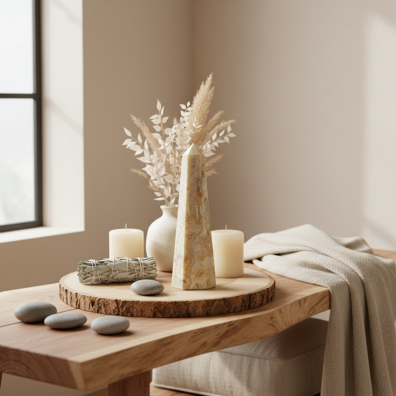 A styled interior scene with a round wooden tray holding a tall beige stone obelisk, a white vase with dried pampas grass, two white pillar candles, a wrapped bundle, and smooth gray stones. A beige throw blanket is draped over a chair beside the table in a softly lit room.