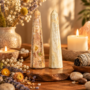 Two agate obelisks on a wooded disk surrounded by herbs, smudge, crystals and candles.