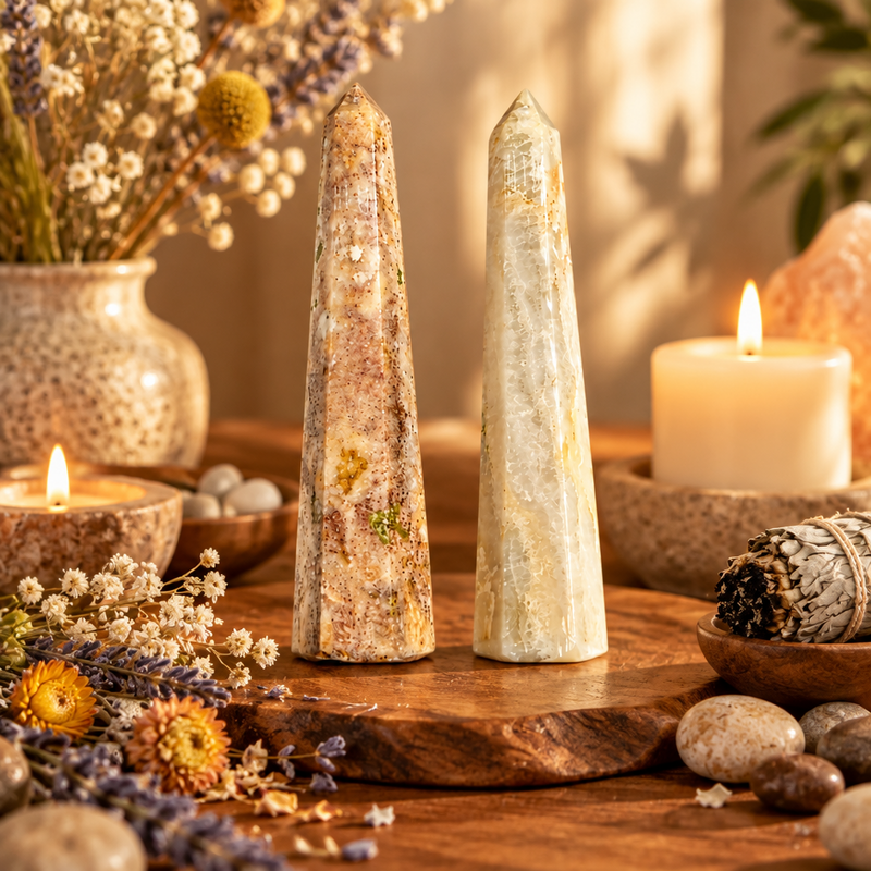 Two agate obelisks on a wooded disk surrounded by herbs, smudge, crystals and candles.