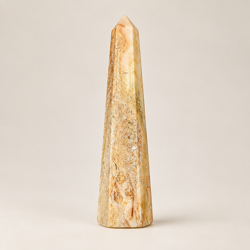 An agate obelisk on a white background.