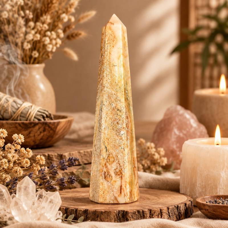 An agate obelisk on a wooden disk surrounded by herbs, crystals and candles.