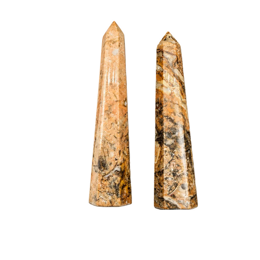 Two agate obelisks on a white background.
