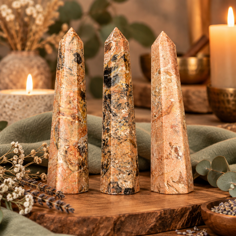 Three polished crystal obelisks with natural orange, brown, and black marble patterns, displayed on a wooden board with candles, dried flowers, and green leaves in the background.