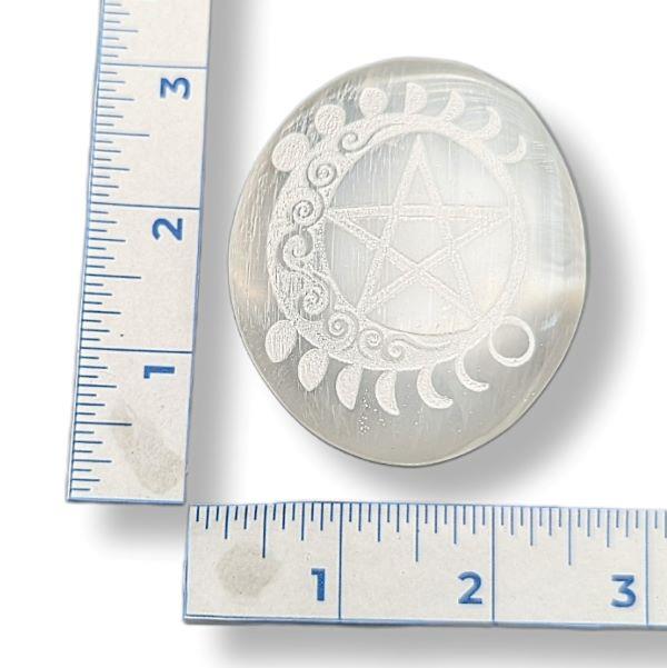 Selenite Palmstone Etched Pentacle Moon