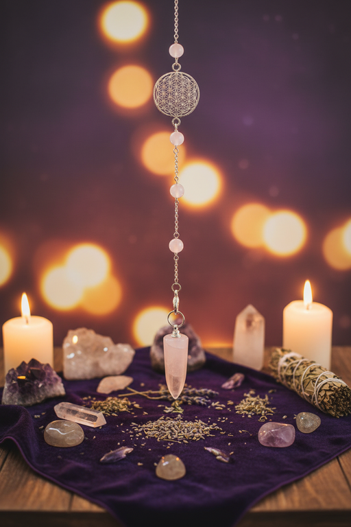 A pendulum with rose quartz hangs from a chain over a purple cloth spread with crystals, candles, herbs, and a sage bundle on a wooden surface, against a dark background with warm glowing bokeh lights.