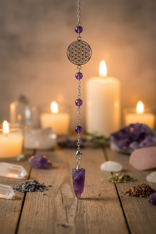 A hanging crystal chakra pendulum with purple amethyst beads, a silver geometric center disc, and a pointed amethyst tassel, displayed on a rustic wooden table with lit candles and crystals in the background.