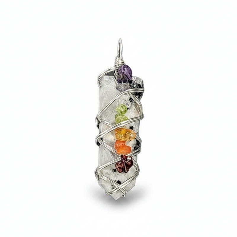 Pendant Rainbow Moonstone Wire Wrapped Point with Chakra Stones