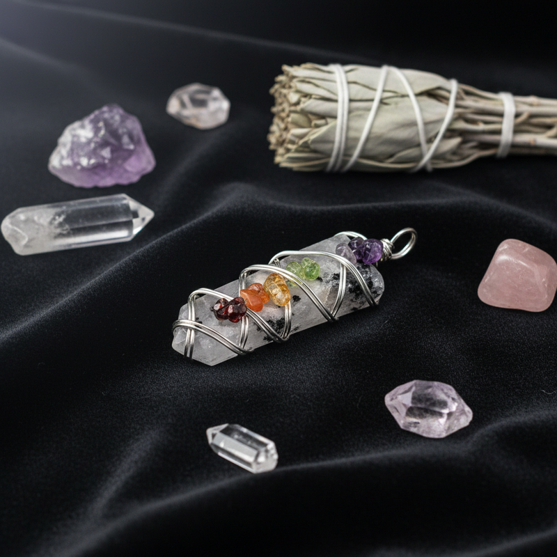 Pendant Rainbow Moonstone Wire Wrapped Point with Chakra Stones