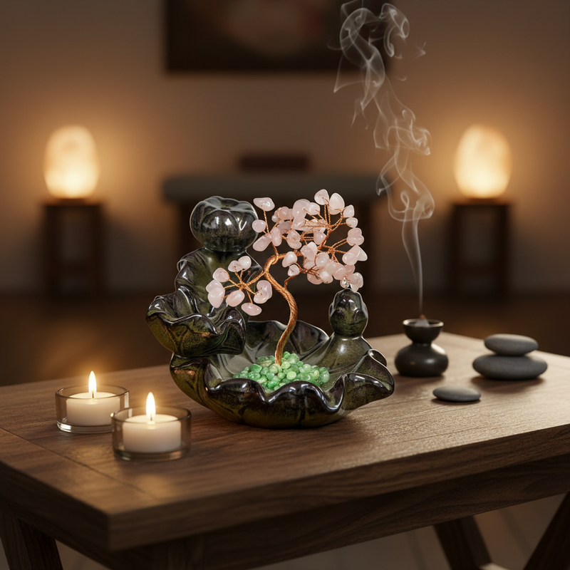 Decorative scene with backflow burner, candles, and stones on a wooden table.