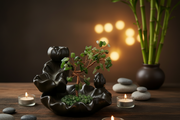 Decorative incense burner with tree, candles, and stones on a wooden surface.