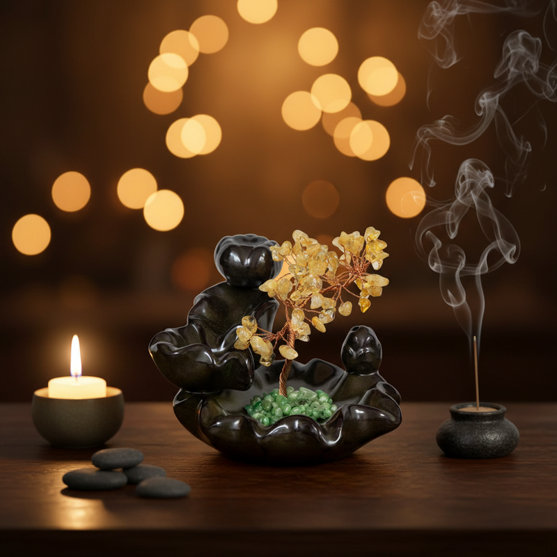 Decorative scene with a black ceramic backflow burner, candle, and incense on a wooden surface with a warm, blurred light background.
