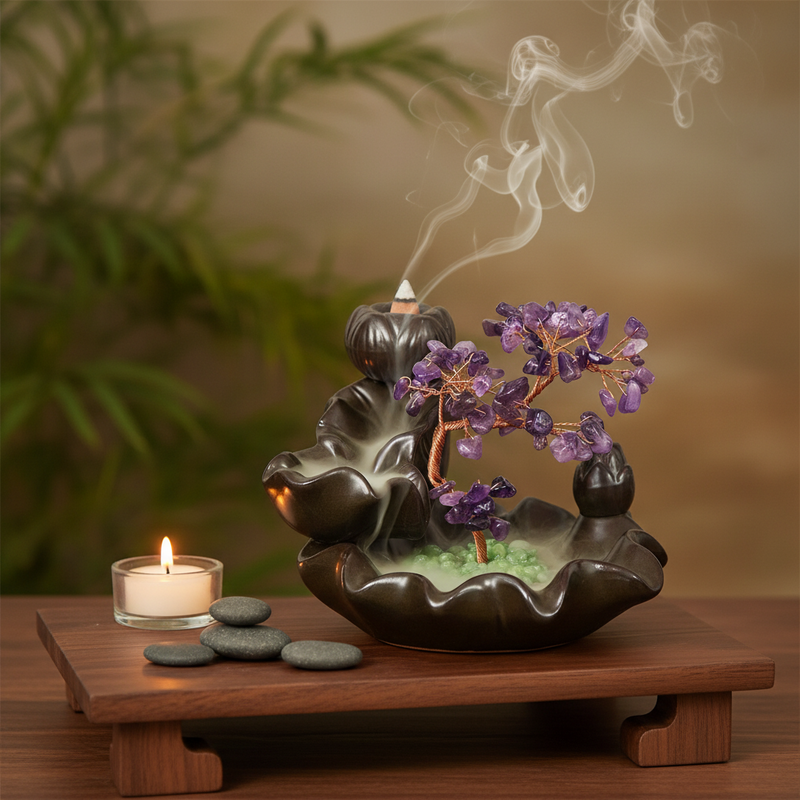 Decorative incense burner with purple flowers and smoke on a wooden stand with a blurred green plant background.