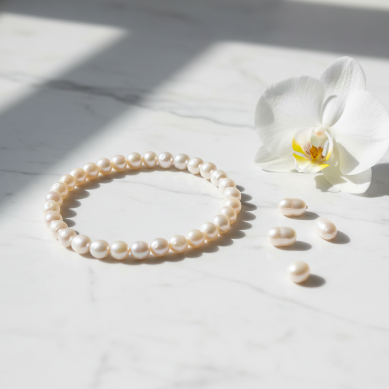 A strand of round white pearls arranged in a bracelet, with a few loose pearls beside it and a white orchid flower on a light marble surface in soft sunlight.