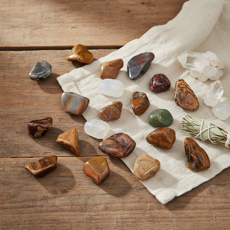 red silver leaf jasper tumbled on a wooden table with a white cloth, sage and quartz