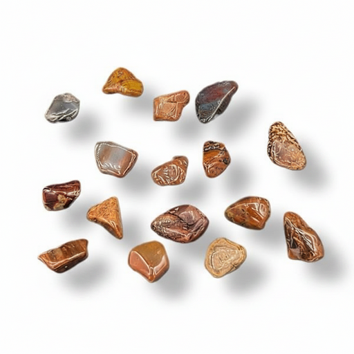 red silver leaf jasper tumbled on a white background