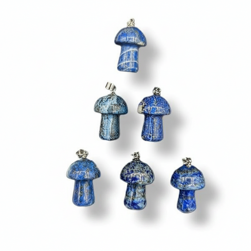 Set of blue mushroom-shaped ornaments on a white background
