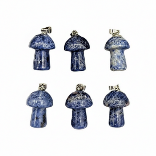 Set of five blue and white mushroom-shaped pendants on a white background