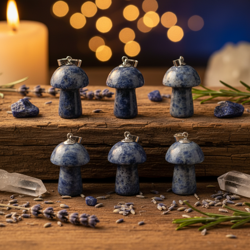 Blue mushroom-shaped stones with silver tops on a wooden surface with blurred lights in the background.
