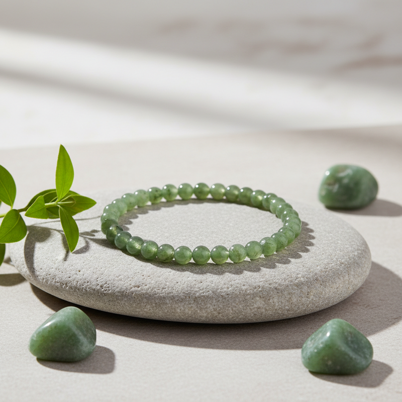 A green beaded bracelet displayed on a smooth light gray stone, with small green stones and a leafy sprig around it on a neutral beige surface.