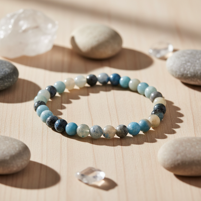 A beaded stretch bracelet made of round polished stones in shades of light blue, navy, gray, and cream, displayed on a light wood surface surrounded by smooth decorative stones and clear crystal points.