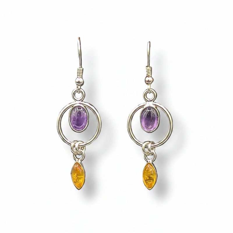 Earrings Amethyst and Amber Sterling Silver