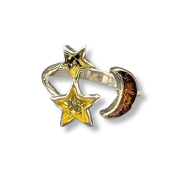 Ring Amber Moon & Stars Sterling Silver Size 8 Adjustable