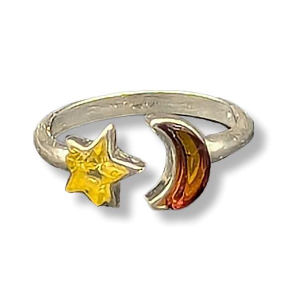 Ring Amber Moon & Star Sterling Silver