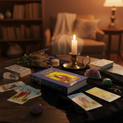  tarot cards and books on a table with a candle and crystals, in a cozy room setting.
