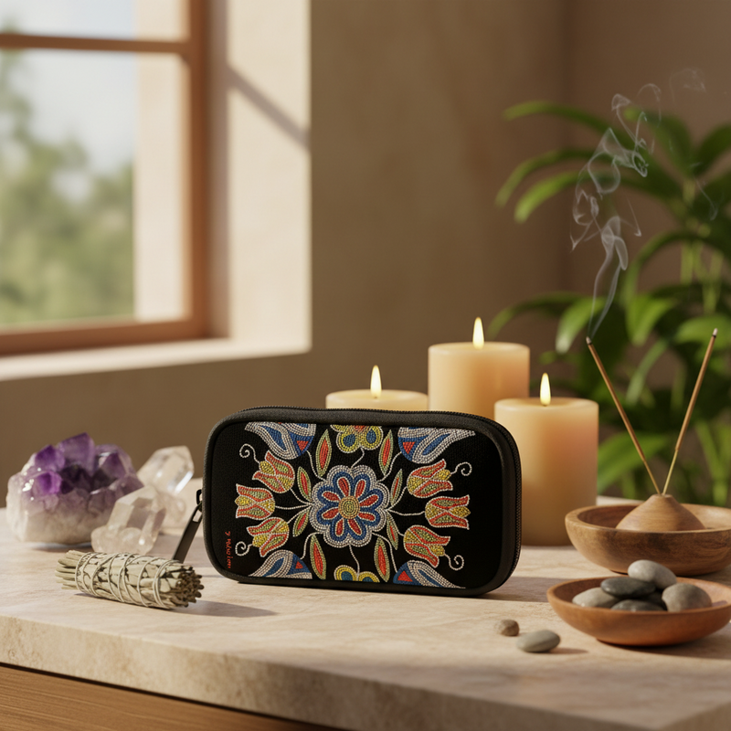 A black zippered pouch with a colorful embroidered floral mandala design sits on a stone surface in a styled indoor setting with candles, incense, crystals, and a window in the background.