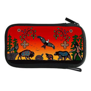 Pouch with Native American design featuring animals and nature elements on a red background