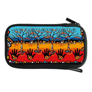 Colorful zippered pouch with artistic design of trees and hands on a white background