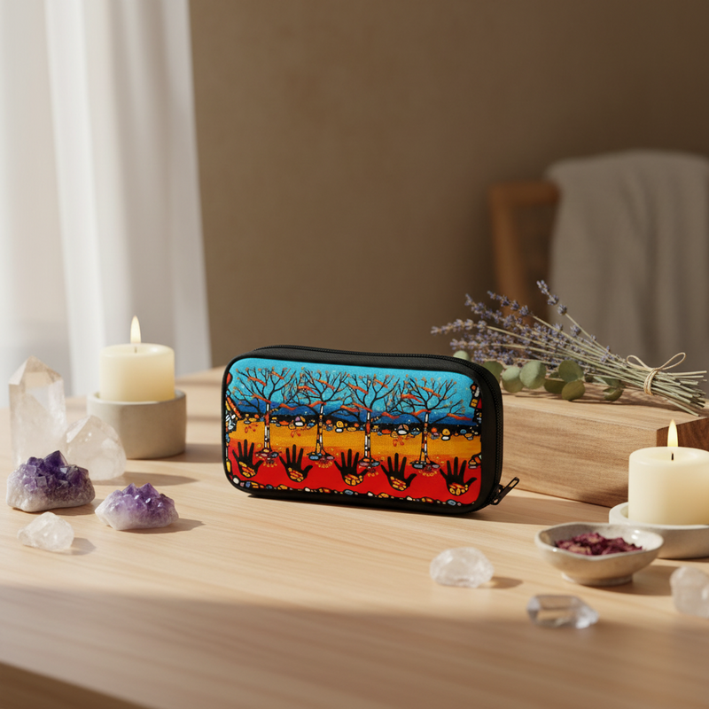 A zippered pouch with a colorful folk-art style design of hands and trees, styled on a wooden table with candles, crystals, and dried lavender.