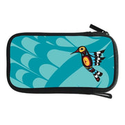 Small pouch with a colorful bird design on a blue background