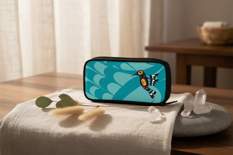 A rectangular zippered pouch with a black zipper and a turquoise blue graphic print of a bird, styled on a beige cloth on a wooden table with crystals and dried grass.
