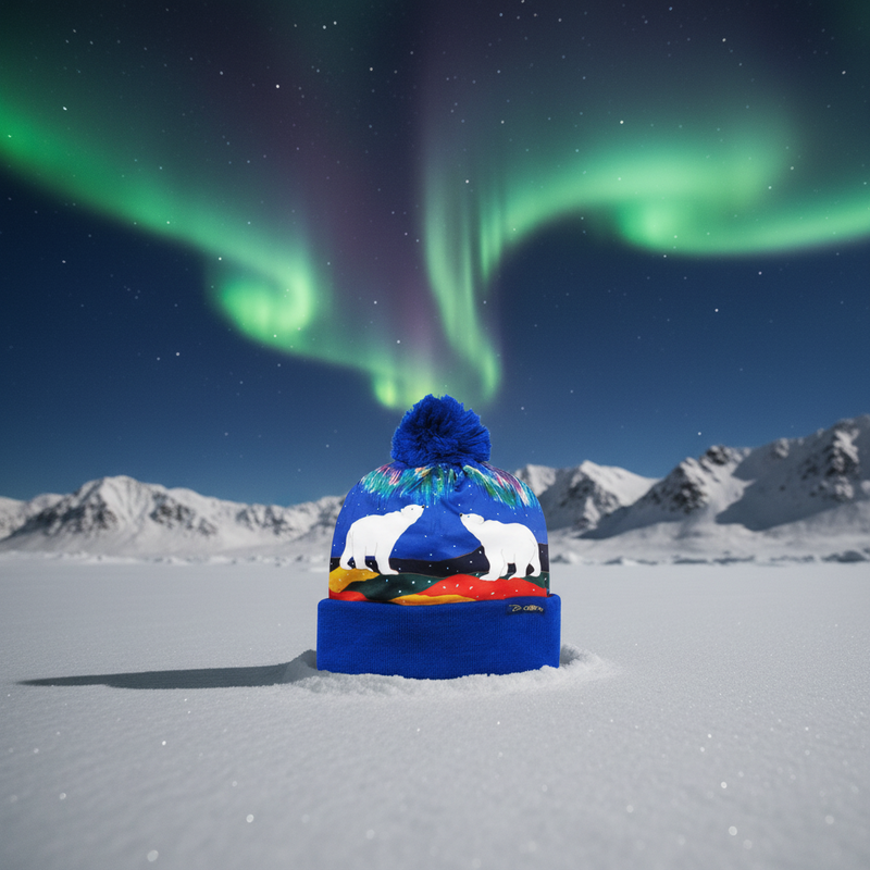 Colorful knit hat with polar bear design in a snowy landscape under the Northern Lights.