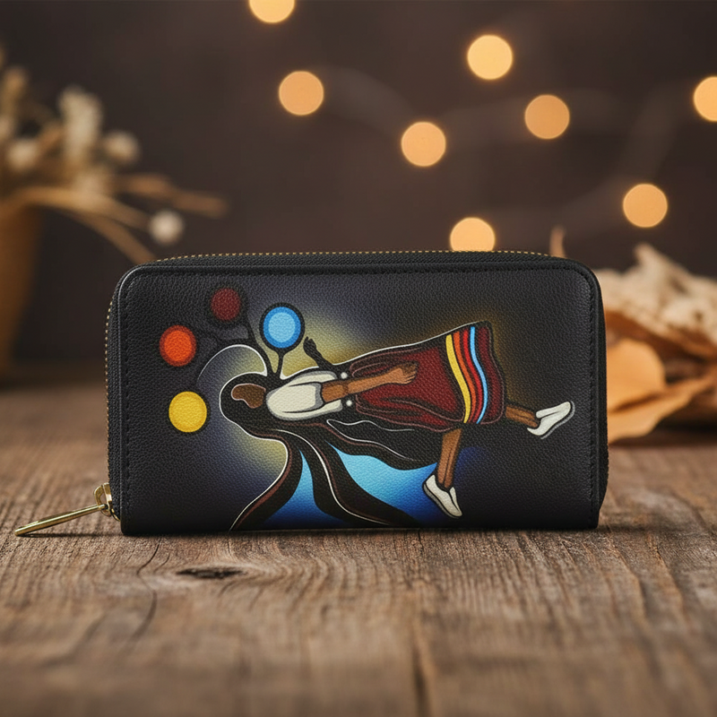 "A Skirt With A Story" Zip‑Around Wallet resting on a wooden surface with warm bokeh lights in the background.