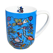 Colourful mug with abstract animal designs on a white background