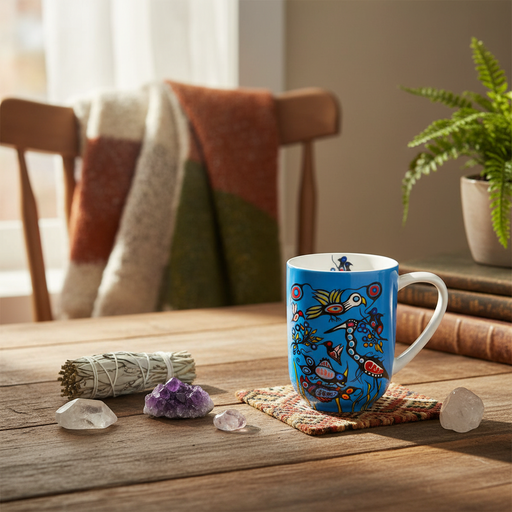 A blue ceramic mug with a colorful, whimsical floral and bird pattern sits on a woven coaster on a rustic wooden table. The scene is styled with a white sage bundle, purple crystals, a book stack, and a potted fern in the background, with a wooden chair and a patchwork throw blanket visible.