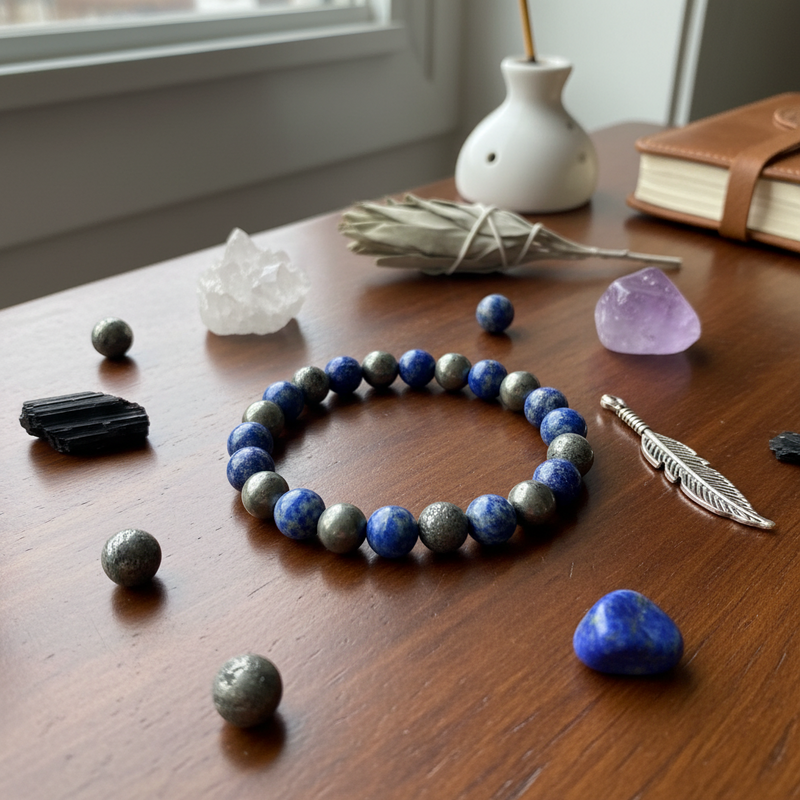 Bracelet with stones on a wooden surface with crystals and a book in the background