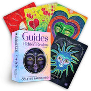 Colorful Oracle cards with a book titled 'Guides of the Hidden Realms' by Colette Baron-Reid on a white background.