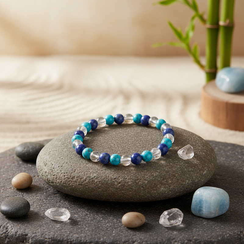 Glowing blue bracelet on a stone with pebbles and bamboo in the background