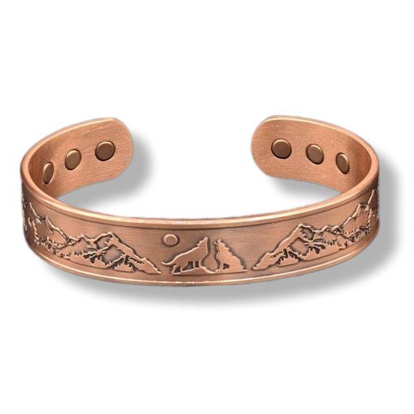 Copper Bracelet Wolf and Mountains