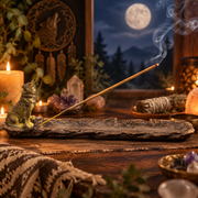 A wolf-shaped incense burner sits on a wooden surface, holding a smoking incense stick. The scene is styled with candles, crystals, a sage bundle, and a dreamcatcher against a nighttime forest backdrop with a full moon.
